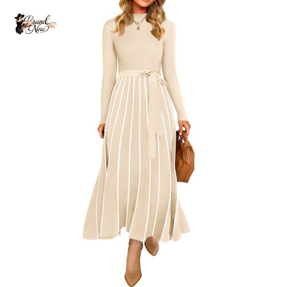 Dresses & Skirts - Turtleneck Long Sleeve Sweater Dress Tie Waist Loose Ribbed Knit Midi